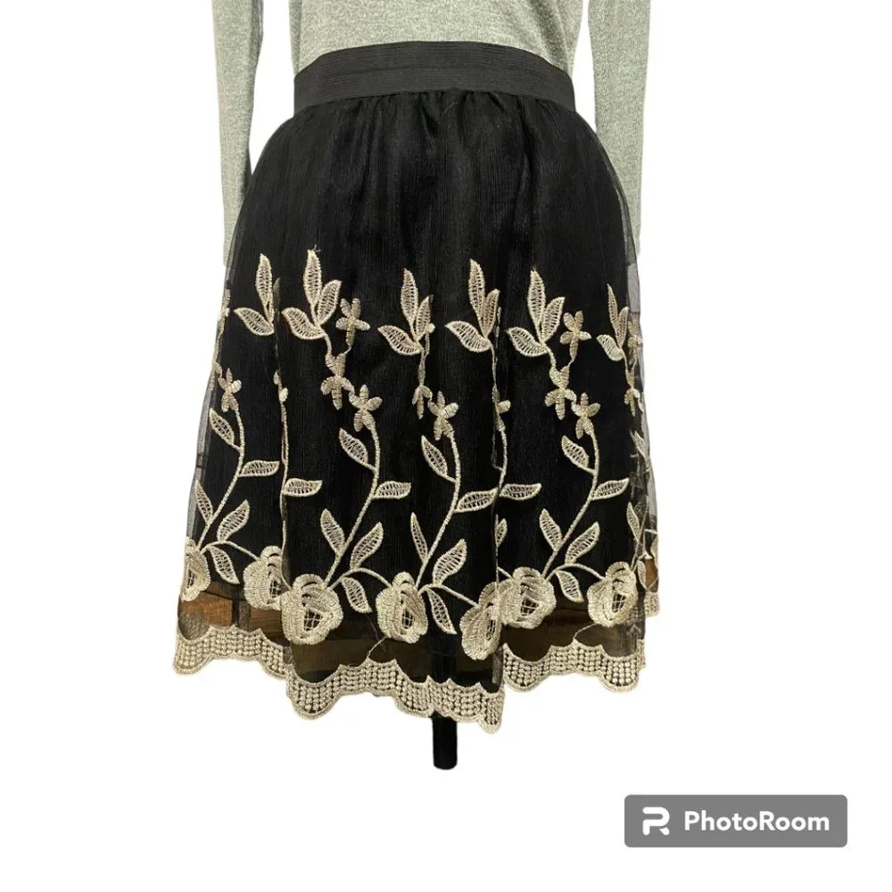Pinky Women's black skirt with lace floral metallic embroidered overlay‎ size S
